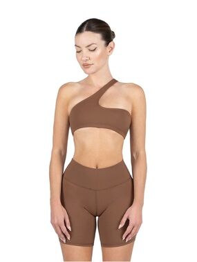 One-Shoulder Brown Davis Active Sports Bra and High-Waist Shorts Set